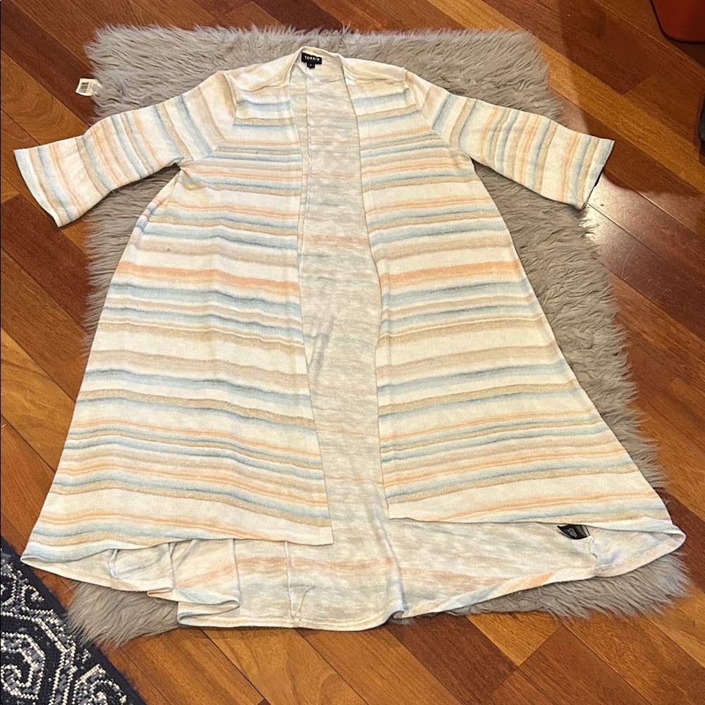 Torrid White, Tan‎ Stripped And Blue Rayon Soft Long Open Cardigan